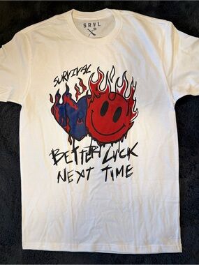Survival SRVL White Tee with Red & Blue Flame Smiley Medium